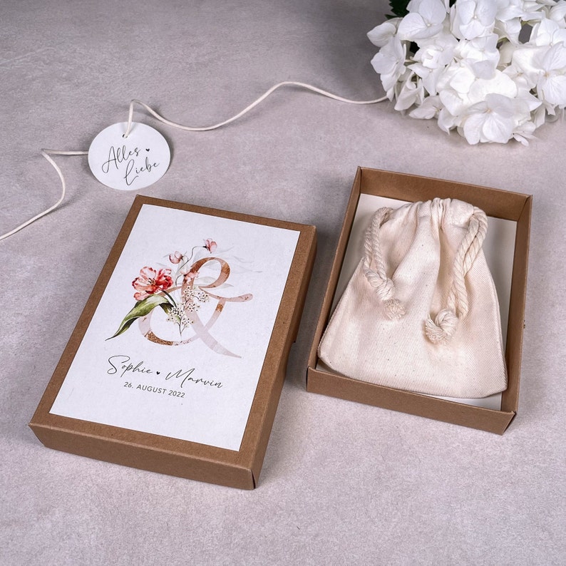 Geschenkschachtel HOPE Geschenkbox Geschenk zur Hochzeit Geldgeschenk personalisiert mit Namen, Baumwollsäckchen Anhänger Bild 10