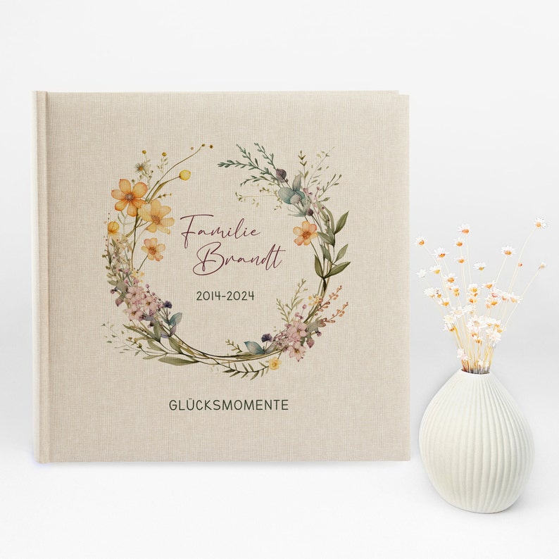 Fotoalbum, personalisiert, Familienalbum, Erinnerungsalbum, Geschenk, Geburtstag, Hochzeit, Wildblumen, Leinen, beige, Nr. 82 Bild 2