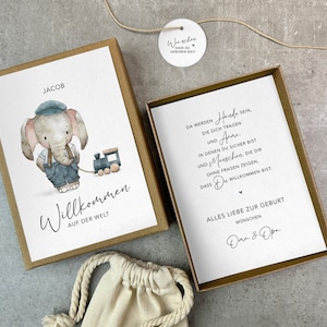 Geschenkschachtel  zur Geburt | Geldgeschenk | Karte zur Geburt | Baby | personalisiert mit Baumwollsäckchen + Anhänger | Jacob Nr. 03