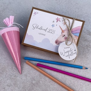 Geschenkschachtel  EINHORN zum Schulanfang | Schulkind 2025 | Geldgeschenk Einschulung | personalisiert mit Namen, Baumwollsäck. + Anhänger