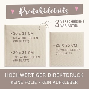 Puede incluir: Tres &aacute;lbumes de fotos de diferentes tama&ntilde;os con cubiertas de lino beige. Los &aacute;lbumes tienen 60 o 100 p&aacute;ginas blancas. El texto en la imagen dice "Produktdetails" y "3 VERSCHIEDENE VARIANTEN". El texto debajo de los &aacute;lbumes dice "HOCHWERTIGER DIREKTDRUCK KEINE FOLIE KEIN AUFKLEBER".
