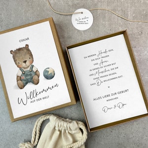 Geschenkschachtel  zur Geburt | Geldgeschenk | Karte zur Geburt | Baby | personalisiert mit Baumwollsäckchen + Anhänger | Bär | Serie Nr. 08