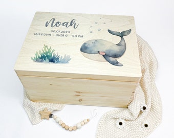 Erinnerungskiste Baby, Geschenk Geburt, Babygeschenk Geburt, Erinnerungsbox Holzkiste, Taufgeschenk, Taufe Geschenk, Wal, Noah Nr. 37