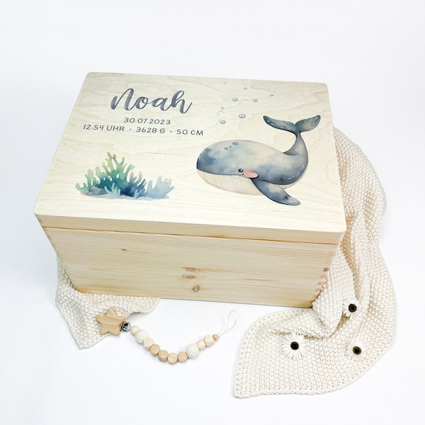 Erinnerungskiste Baby, Geschenk Geburt, Babygeschenk Geburt, Erinnerungsbox Holzkiste, Taufgeschenk, Taufe Geschenk, Wal, Noah Nr. 37