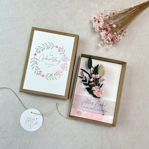 Geschenkschachtel SOPHIA, Geschenk zum Geburtstag, kleiner Trockenblumenstrauß, Geburtstagskarte, Geldgeschenk personalisiert