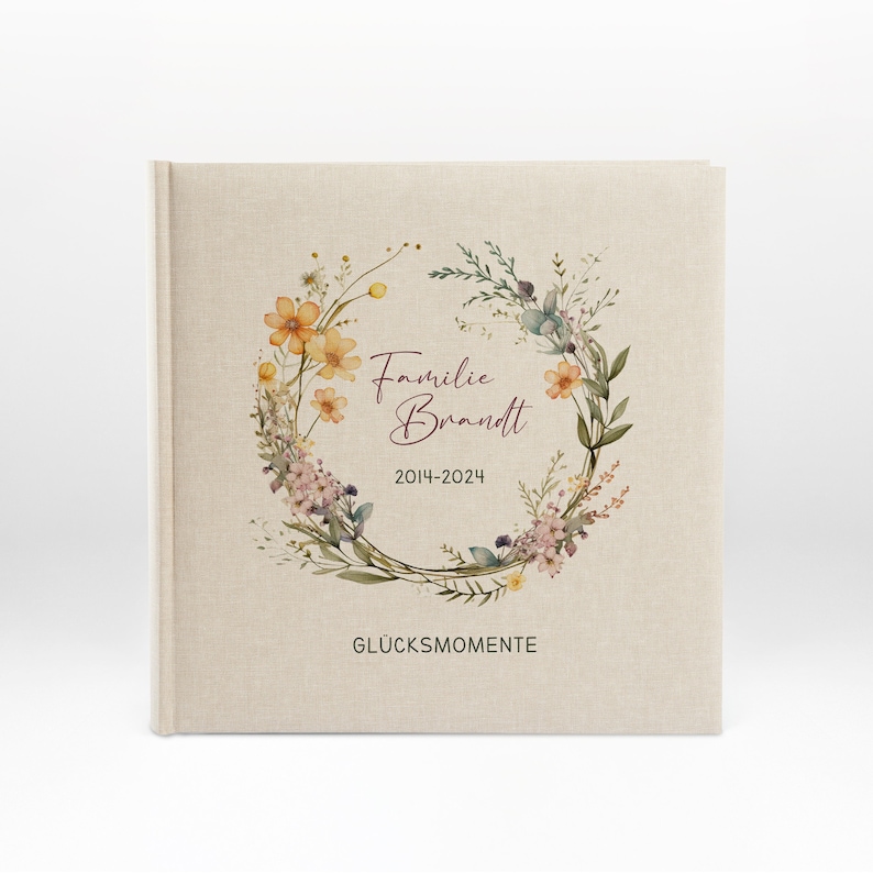 Fotoalbum, personalisiert, Familienalbum, Erinnerungsalbum, Geschenk, Geburtstag, Hochzeit, Wildblumen, Leinen, beige, Nr. 82 Bild 1