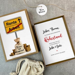 Geschenkschachtel Ruhestand | personalisiert | Kollegenabschied | Geschenk Renteneintritt | Ruhestand Geschenk, Baumwollsäck. + Anhäng.