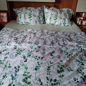 Bedding set in cotton "Sage" with floral print Set of 4:duvet cover, stretch jersey fitted sheet, 2 pillowcases Personalized Christmas gift