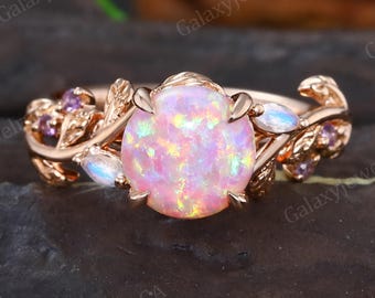 Lab Pink Opal Engagement ring Nature inspired Marquise moonstone Wedding ring Rose Gold Leaf Vintage Amethyst Promise bridal jewelry for her