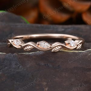 Nature inspired moissanite Curved wedding band Rose Gold Leaf marquise diamond matching wedding ring Promise Anniversary ring gift for woman