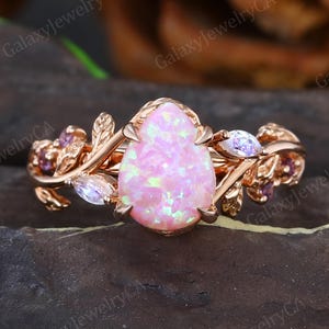 Vintage Pear Lab Pink Opal Engagement ring Botanical Marquise moonstone Amethyst marriage ring Rose Gold Unique Promise bridal jewelry ring