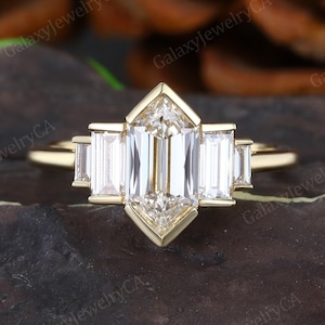 Elongated Hexagon cut Moissanite Engagement ring Antique Baguette Diamond wedding band Yellow Gold marriage Promise Anniversary Jewelry gift