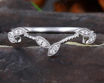 Vintage Inspired Milgrain Lab Grown diamond Curved wedding band White Gold Leaf Moissanite matching wedding ring Promise Anniversary ring