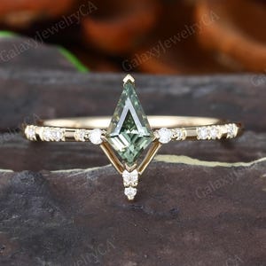 Kite cut Lab Green sapphire Engagement ring Dainty Lab grown diamond ring Vintage Yellow Gold band Teal sapphire promise anniversary ring.