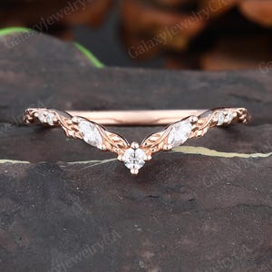 Dainty moissanite Curved wedding band Vintage Botanical Marquise Diamond Rose Gold Leaf matching band Antique Promise Anniversary ring gift