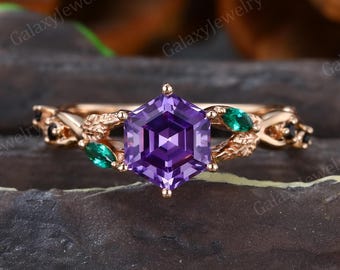 Hexagon cut Purple sapphire engagement ring Twig Vine Rose Gold band Marquise emerald black onyx wedding ring Promise Marriage bridal ring
