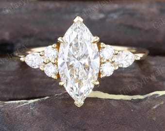1ct IGI Certified Lab Grown Diamond engagement ring Cluster Marquise Diamond Marriage ring Yellow Gold wedding ring Promise Anniversary ring