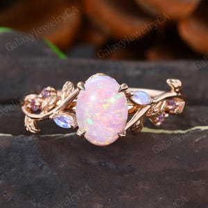 Oval cut Lab Pink Opal Engagement ring Marquise Moonstone Amethyst Leaf Marriage ring Vintage Rose Gold Twig band Promise anniversary ring