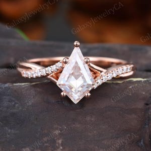 Kite cut Moissanite Engagement ring Pave Diamond wedding band Vintage Half eternity Twist Rose Gold marriage band Promise Anniversary ring