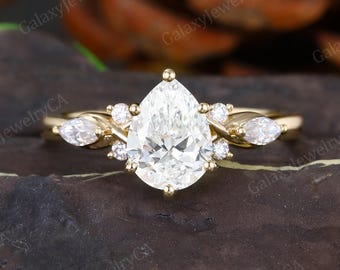 Anello di fidanzamento con diamante sintetico taglio a pera, in oro giallo 10K/14K, con occhio di Allah intrecciato, anello nuziale impilabile, 1 carato, certificato IGI.