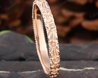 Vintage Filigree Stacking wedding band Unique 14K Rose Gold Marriage ring Floral Promise Anniversary Bridal matching wedding band for woman