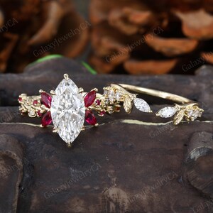 2CT Marquise Lab Grown Diamond Engagement Ring Set 14K Yellow Gold Twisted Cluster Ruby Bridal Ring Leaf Twig Stack Open Curved Wedding Band