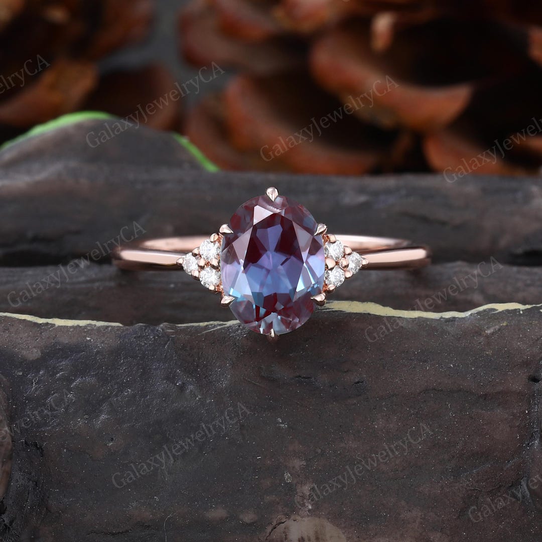 Vintage Oval Cut Lab Alexandrite Ring Unique Rose Gold Engagement Ring ...