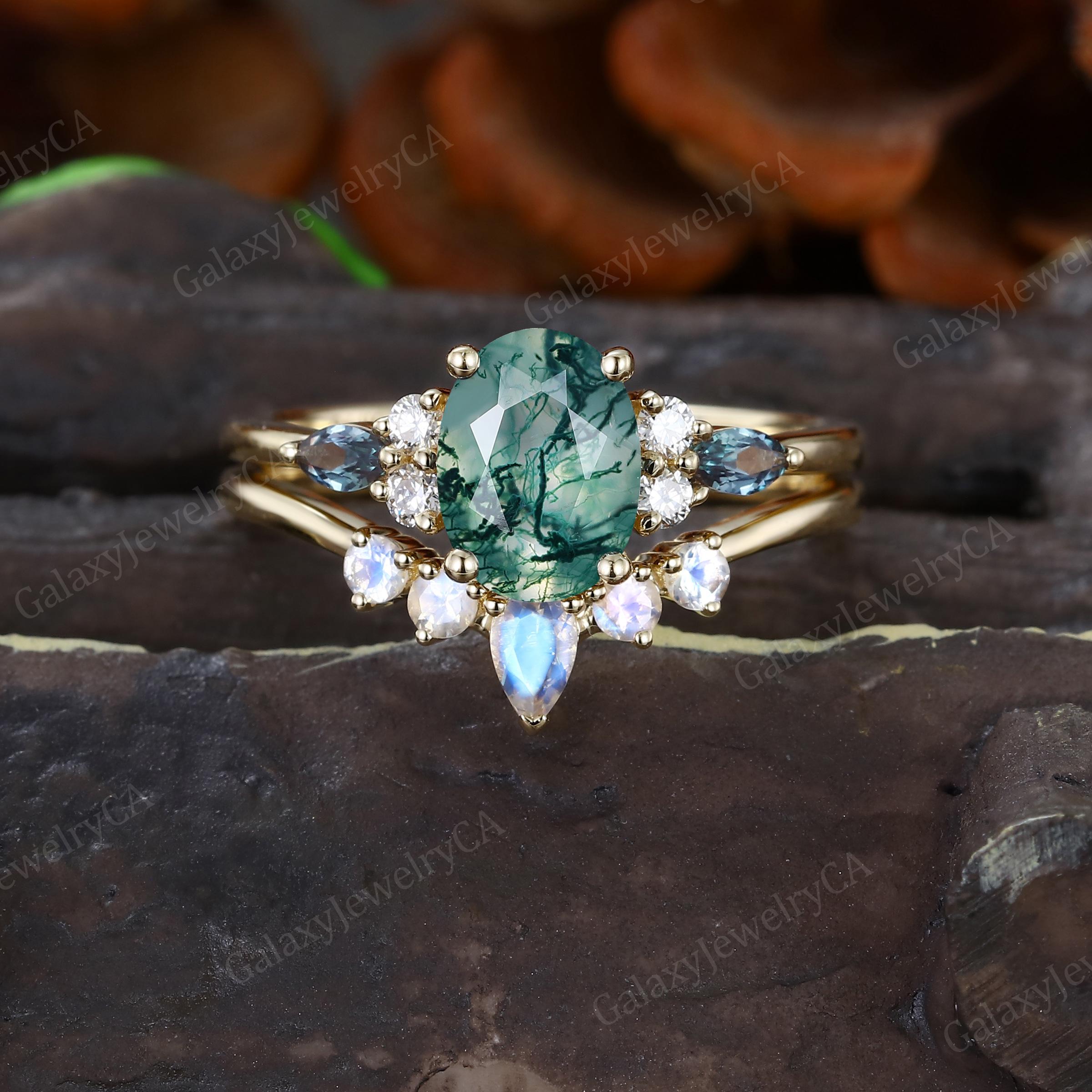 Oval cut Moss agate Engagement ring set Marquise Alexandrite Diamond ring Pear moonstone Matching ring Yellow Gold Promise Bridal ring set