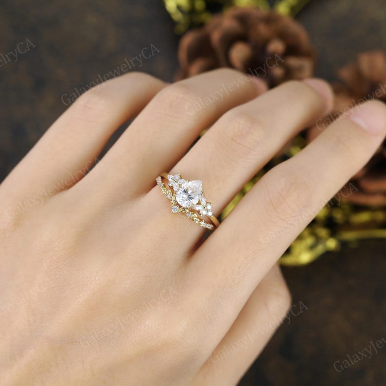 Pear Cut Moissanite Engagement Ring Set Yellow Gold Teardrop Ring Set ...