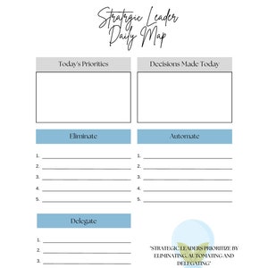 Puede incluir: Un planificador diario imprimible para líderes estratégicos. El planificador está dividido en secciones para las prioridades del día, las decisiones tomadas hoy, eliminar, automatizar y delegar. El planificador también incluye un gráfico de bombilla con el texto "Los líderes estratégicos priorizan eliminando, automatizando y delegando."