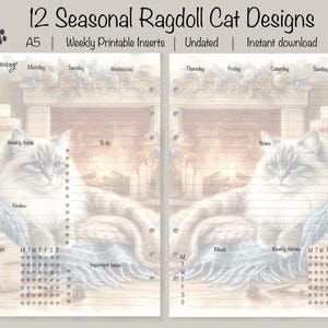 Op de afbeelding: A5 wekelijkse printbare inzetstukken met een seizoensgebonden Ragdoll kattenontwerp. De ongedateerde plannerpagina's bevatten een kattenillustratie met een open haard achtergrond. Bevat secties voor wekelijkse focus, takenlijsten, notities en gewoonte-tracking.