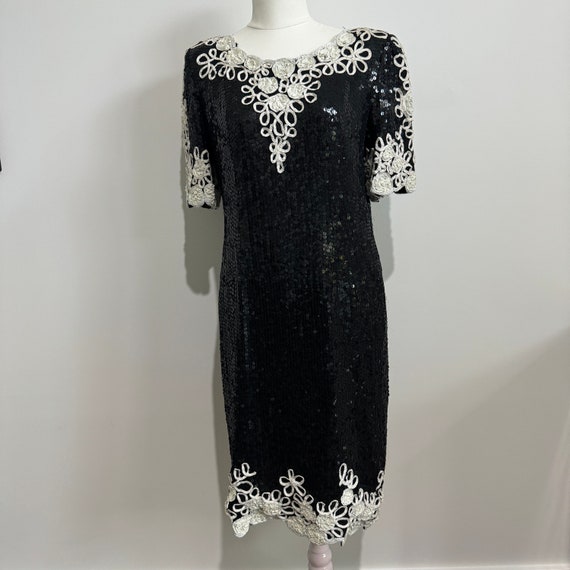 Black with white brocade vintage sequinned dress - image 4