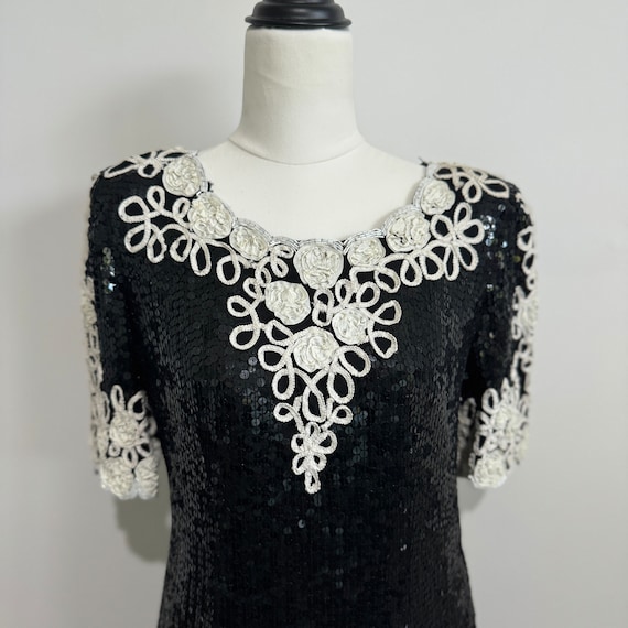 Black with white brocade vintage sequinned dress - image 1