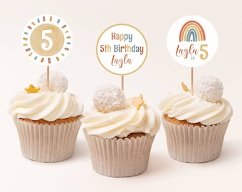 Edytowalne tęczowe toppery na babeczki Tęczowa impreza urodzinowa Boho tęczowa topper na tort Baby Shower