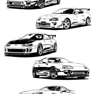 Pode incluir: Ilustração a preto e branco de cinco carros desportivos. Cada carro é retratado de um ângulo diferente, destacando o design do veículo. Os carros têm spoilers e jantes personalizadas.