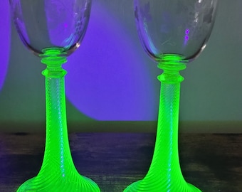 1930s uranium glass etched hock glasses.