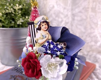 Betsy Ross Patriotic Assemblage in Vintage Tart Tin America 250