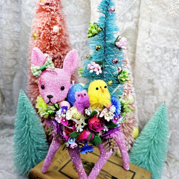 Vintage Easter Gift Decoration Decor Pink Glitter Deer Chenille Chick Bottle Brush Tree Vtg Plastic Flowers Mercury Glass Kitsch Assemblage