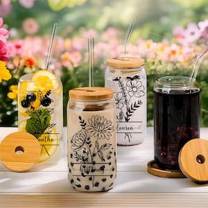 Personalized Birth Flower Tumbler, Gifts for Her, Mother&#39;s Day Gift, Bridesmaid Proposal Gift, Graduation Gift, Custom Glass Coffee Cup