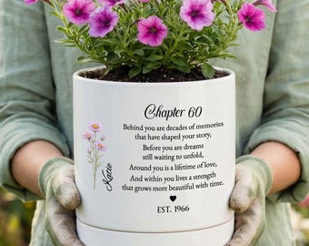 Personalized 60th Birthday Flower Pot Gift, 60th Birthday Gift for Women, Birth Flower Plant Pot, Custom Name Chapter 60 Planter