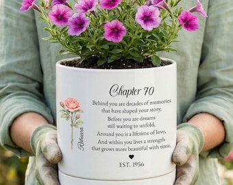 70th Birthday Gift For Women, Personalized Birth Flower Plant Pot, Custom Name Chapter 70 Planter