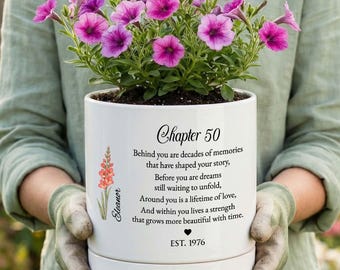 Personalized 50th Birthday Flower Pot Gift, 50th Birthday Gift For Women, Birth Flower Plant Pot, Custom Name Chapter 50 Planter