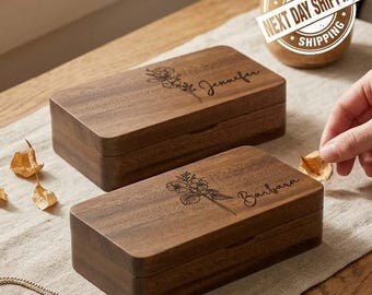 Custom Birth Flower Black Walnut Jewelry Box, Custom Engraved Wooden Jewelry Box, Personalized Bridesmaid Gifts
