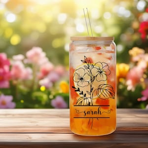 Personalized Birth Flower Tumbler, Gifts for Her, Mother&#39;s Day Gift, Bridesmaid Proposal Gift, Graduation Gift, Custom Glass Coffee Cup
