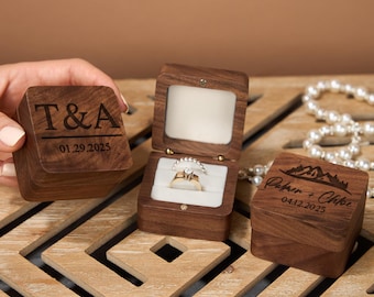 Personalized Walnut Wood Ring Box, Custom Engraved Wedding Ceremony Keepsake