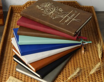 Engraved Birth Flower Leather Journal, Birth Month Flower Notebook, Custom Engraved Leather Journal, Birth Flower Birthday Gift for Her