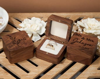 Personalized Wedding Ring Box, Engagement Ring Box, Engraved Walnut Ring Box, Wedding Ceremony Ring Holder, Proposal Ring Holder