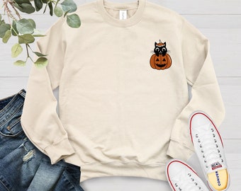 Cat Pumpkin Halloween Shirt, Cute Halloween Sweatshirt, Scary Halloween Shirt, Boho Spooky Season Sweatshirt, Cat Lover Halloween Hoodie