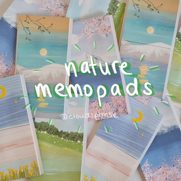 kawaii nature landscape memopad for notes for school, work and daily life with sakura, mountains, moon and flowers