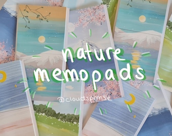 kawaii nature landscape memopad for notes for school, work and daily life with sakura, mountains, moon and flowers
